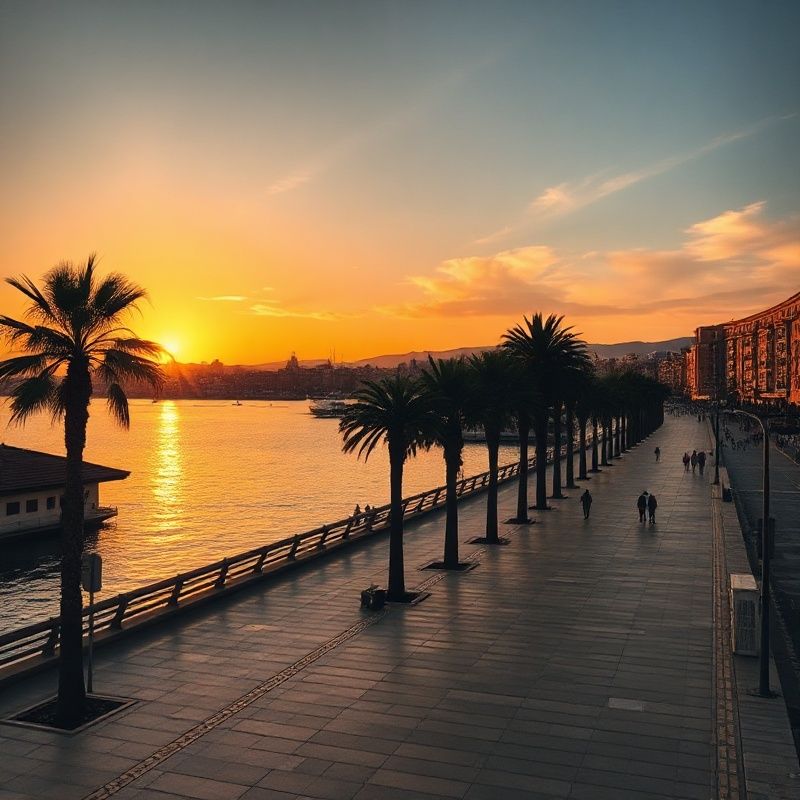 Paseo marítimo de Málaga al atardecer con cielo ámbar dorado y palmeras