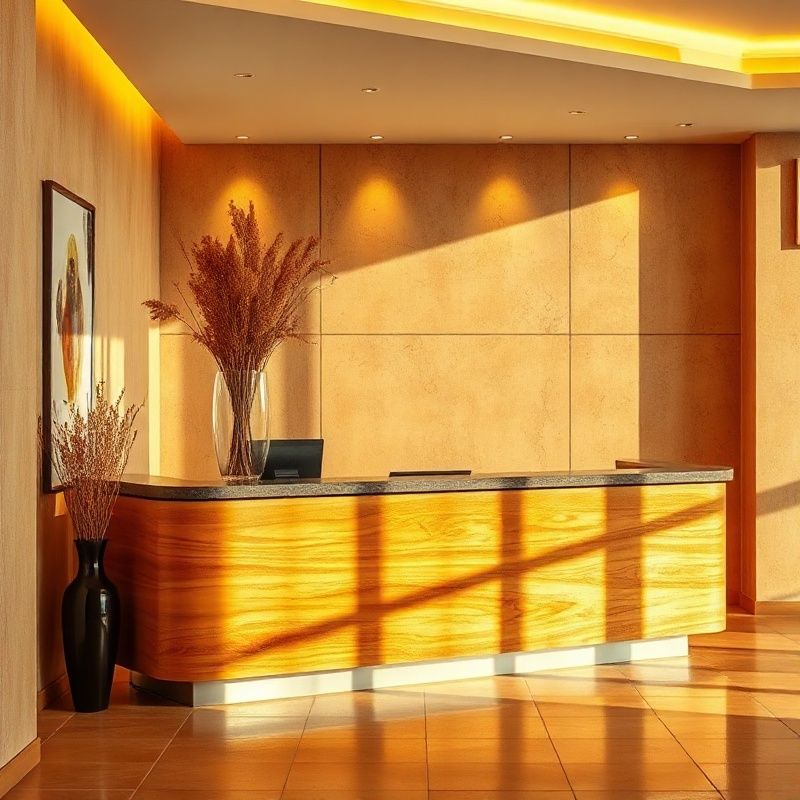 Recepción moderna con detalles de madera ámbar y flores secas en tonos ocres