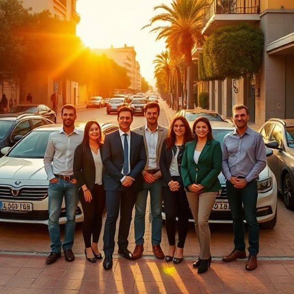 Retrato del equipo de Estudio de Bilbao delante de vehículos de la flota bajo la luz dorada de Málaga
