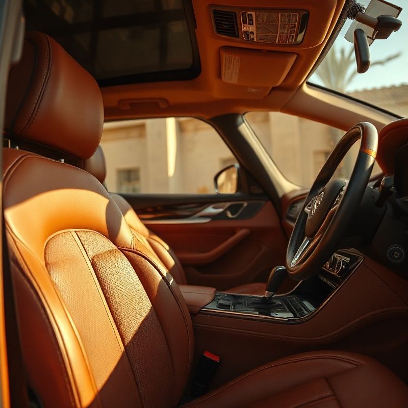 Interior de vehículo premium con asientos de cuero ámbar caramelo y detalles dorados