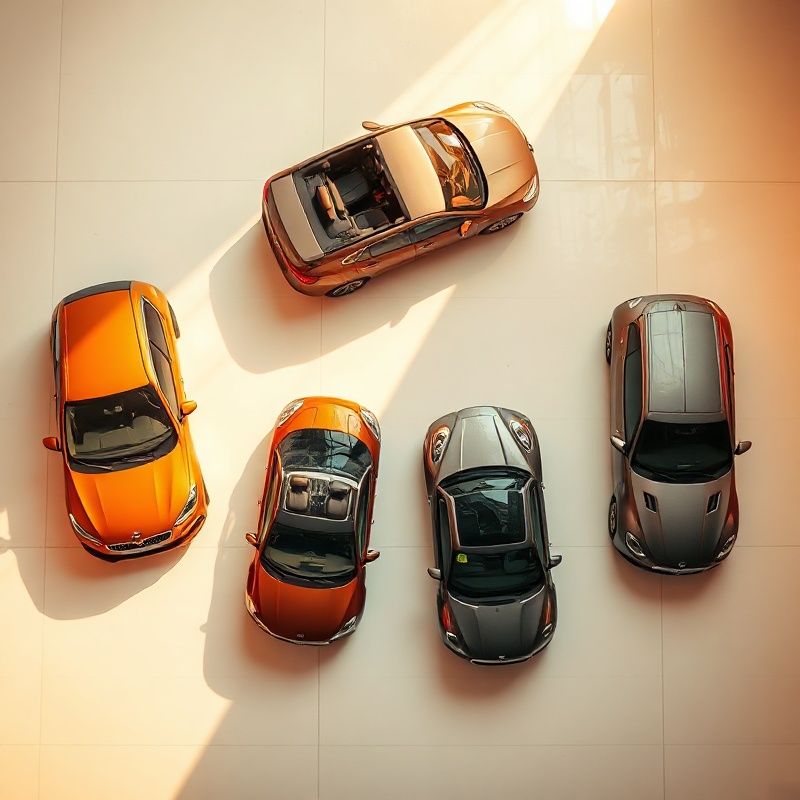 Vista cenital de cuatro vehículos —compacto, SUV, descapotable y berlina— sobre suelo de estudio blanco